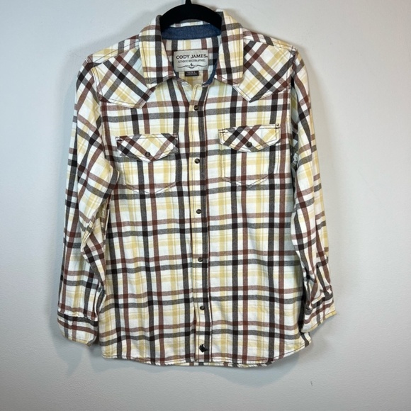 Cody James Boys Plaid Flannel Pearl Snap Shirt Beige Brown Western Pockets Large - Picture 3 of 15